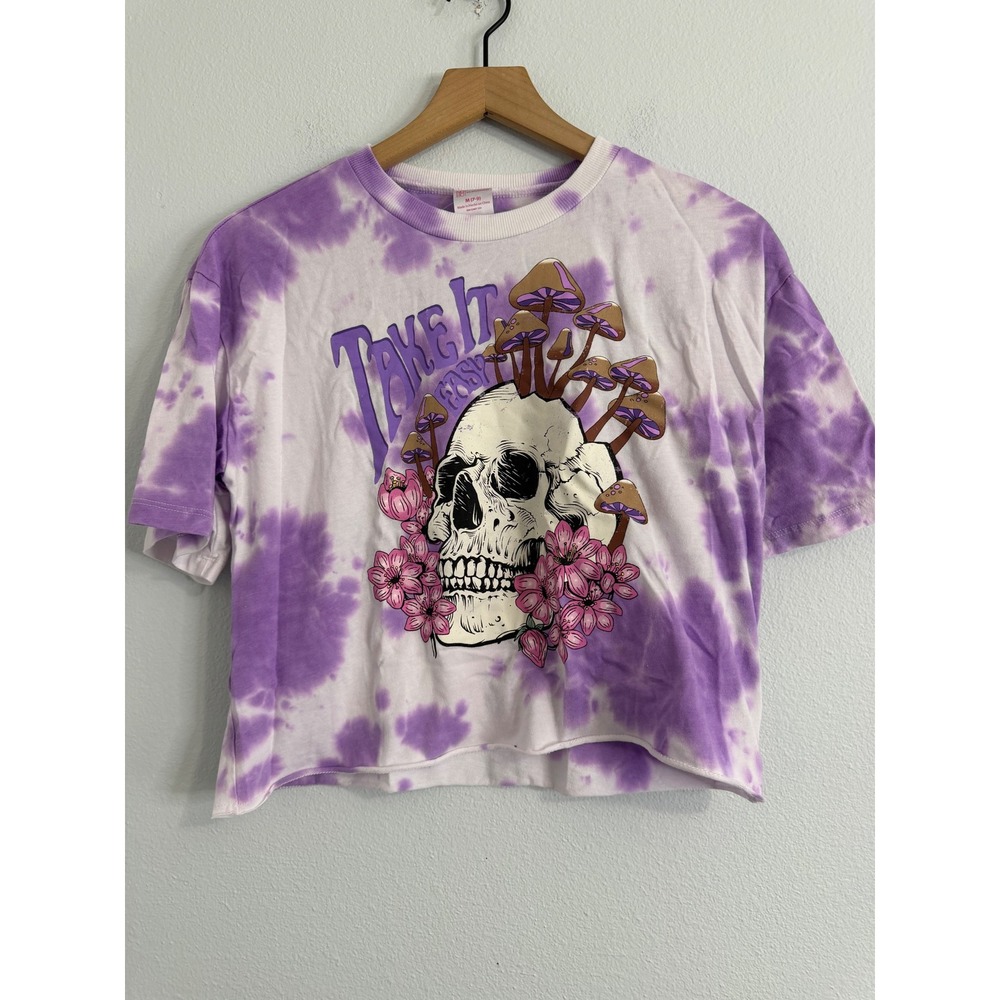 No Boundaries - Tie Dye Graphic Cropped Tee‎ Skull and Mushrooms Size M Junior's
